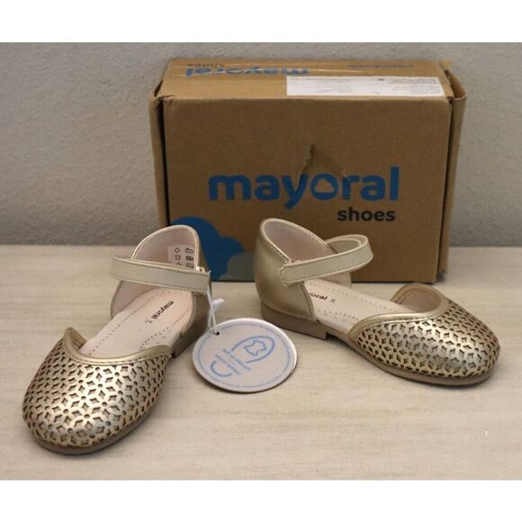 Mayoral 41.444 Little Girls Sz 7.5 Gold Pala Talon Troquel Eyelet Dress Shoes - Picture 1 of 12